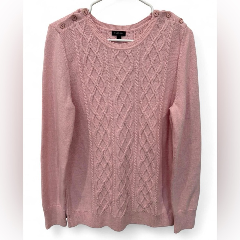 Women's Talbots Lambswool Cable Knit‎ Pink Sweater Large Button Detail Pullover